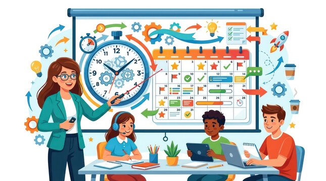 Team discussing time management with wall clock and calendar. Business professionals planning schedules using visual timeline tools.