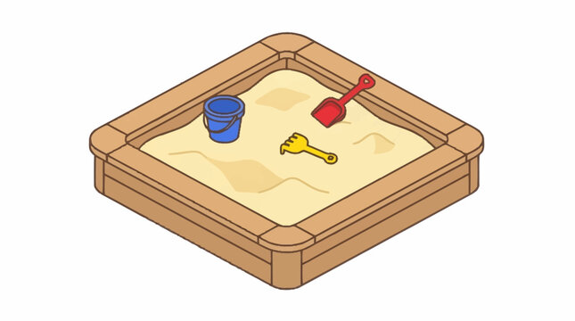 Wooden sandbox with colorful children toys inside.