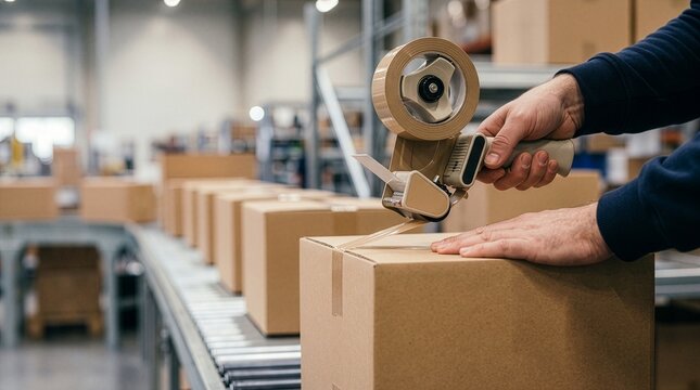 Close-up of a worker's hands sealing a cardboard box with tape on a conveyor belt in a warehouse.