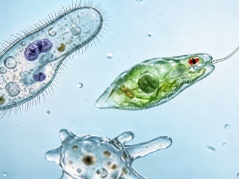 Microscopic view of paramecium, euglena and amoeba single-celled protozoans floating in clean freshwater, educational biological illustration for science teaching