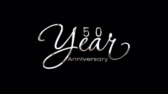 Silver cursive lettering metallic fifty year anniversary graphic design on elegant black background. Suitable for anniversary celebrations invitations and banners.