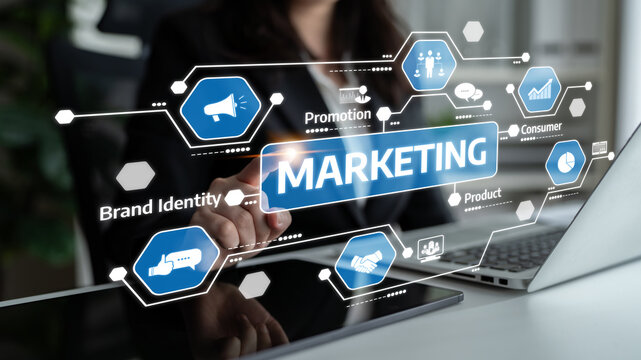 This image portrays a modern marketing strategy through a digital interface, highlighting brand identity elements and consumer engagement icons to illustrate business growth. Tessel
