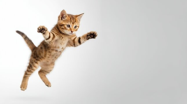 A Playful and Energetic Flying or Jumping Funny Tabby Kitten Cat Isolated on a White and Gray Background with Copy Space for a Greeting Card Template flying or jumping funny tabby kitten cat on white