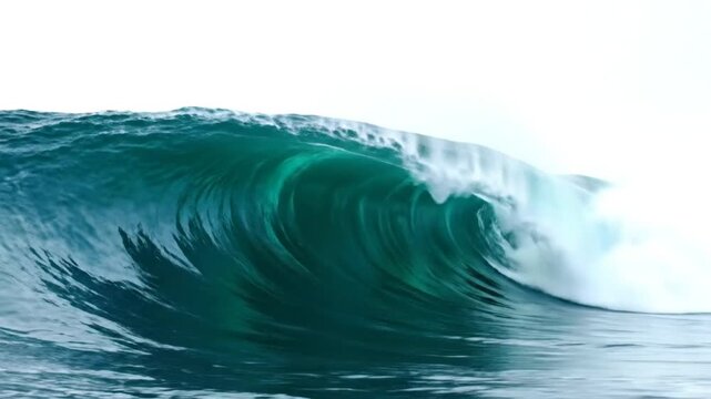 Stunning emerald ocean wave forming a powerful barrel with white water cascading against a bright sky