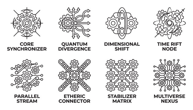 Technology and science icons for core synchronizer and quantum divergence concepts.