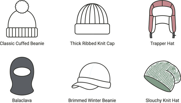 Winter hats line icon set featuring cuffed beanie ribbed knit cap trapper hat balaclava brimmed winter beanie and slouchy hat vector illustration.
