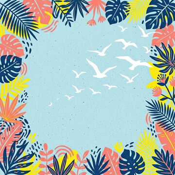 Colorful tropical leaf border with flying white birds.