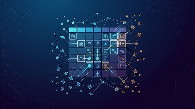 Digital data grid with security icons fragmenting in space