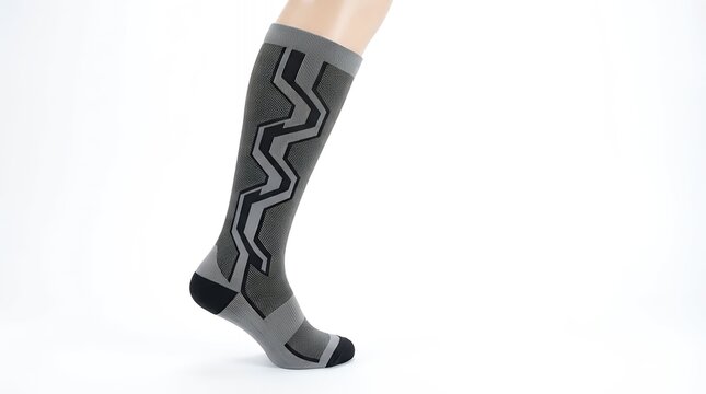 Stylish and Functional Black and Grey Compression Socks or Stockings Featuring a Dynamic Arrow Design Pattern Along the Side Displayed on a Mannequin Leg in a Side View Isolated on a Clean White