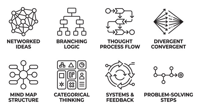 Conceptual icons for networked ideas, logic, thought flow, problem solving, and cognitive processes.