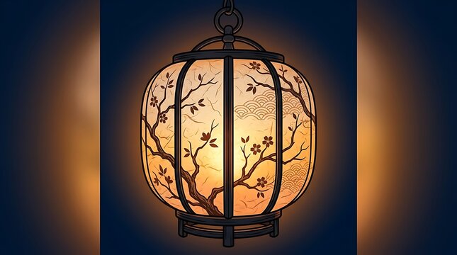 Traditional paper lantern with floral design glowing in the dark