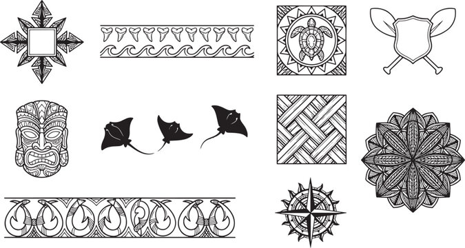 Polynesian tribal tattoo style collection featuring tiki masks, sea turtles, stingrays, waves, and geometric patterns in black and white ink