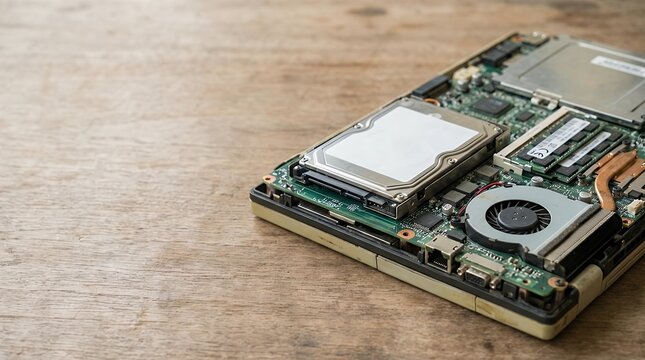 A close-up of the components of an old laptop computer visualization showing a close-up of stacked components of an old laptop on a table for computer and technology concepts 3D render close up of
