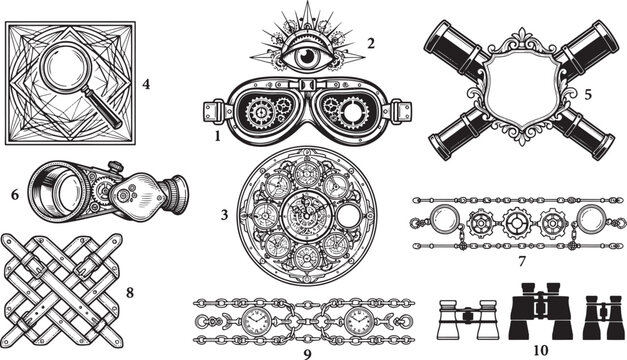 Steampunk collection featuring goggles, magnifying glass, cannons, binoculars, and clockwork in detailed line style