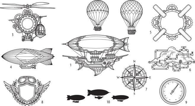 Steampunk set with airships, hot air balloons, compass, pressure gauge, and mechanical frames on a white background, for projects
