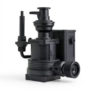 Black sewage ejector pump with float switch on white background