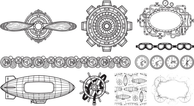 Steampunk style collection featuring airships, propellers, gears, and mechanical gauges on a white background, for projects