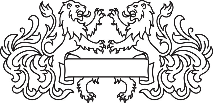 Two heraldic lions rampant supporting a central blank ribbon banner with ornate foliage in a black and white