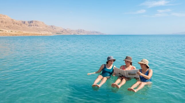 A fun and surreal scene of lovely girls floating effortlessly in the salty water of the Dead Sea reading a newspaper. The unusual buoyancy caused by the high salinity creates a unique and memorable