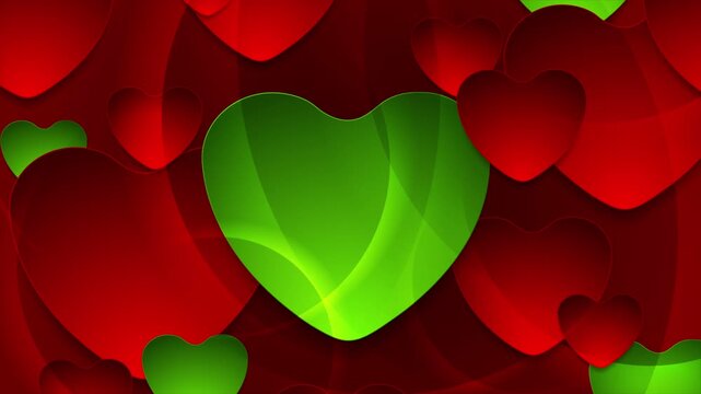 Bright red and green glossy hearts Valentines Day abstract background. Greeting card shiny motion design. Seamless loop. Video animation Ultra HD 4K 3840x2160
