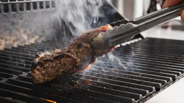 Chef grilling a perfectly cooked steak on a barbecue with grill marks and smoke billowing