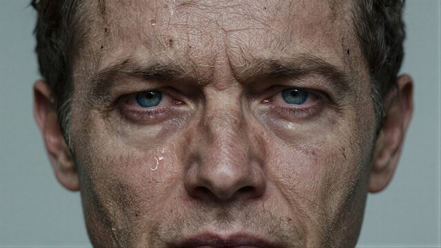 Man's tearful eyes convey deep emotion, close-up portrait with raw vulnerability.