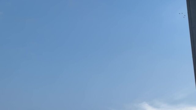 Pemandangan Langit Biru Cerah dengan Formasi Burung Terbang di Kejauhan
