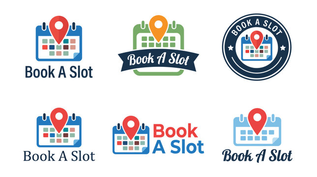 This image showcases a collection of logos for a booking service highlighting a calendar and location pin, representing convenience in scheduling events or appointments.