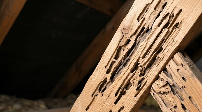 A wood after attack of termite visualization showing wood part of a roof house after an attack of termites depicting the peril from insect concept for house and pest concepts 3D render wood after