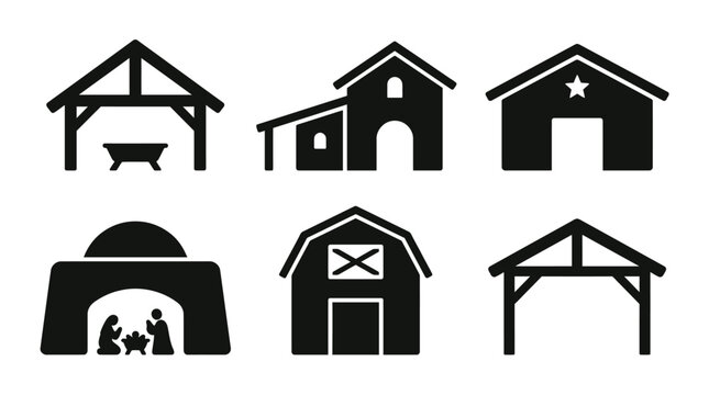 Black barn and stable silhouettes. Rural farm and nativity buildings.