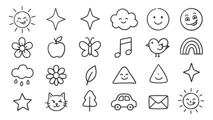 Fototapeta premium Cute Doodle Icon Collection – Hand Drawn Outline Cartoon Objects Set with Food Nature Travel Space and Everyday Elements