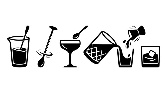 Black cocktail preparation and bartending mixology icons.
