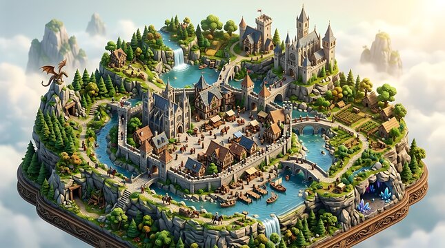 Floating isometric fantasy kingdom with a medieval castle and dragon