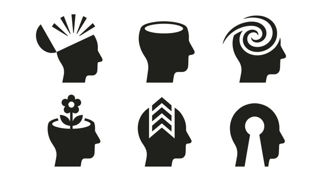 Black head silhouette icons for mental health and psychology.