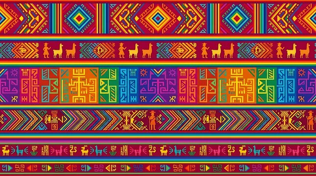 Vibrant andean textile pattern with llamas and geometric shapes