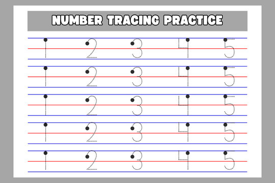 Number tracing practice worksheet for kids learning to write numbers one through five