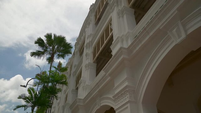 day time singapore city old town building exterior front street up view slow motion walking panorama 4k 