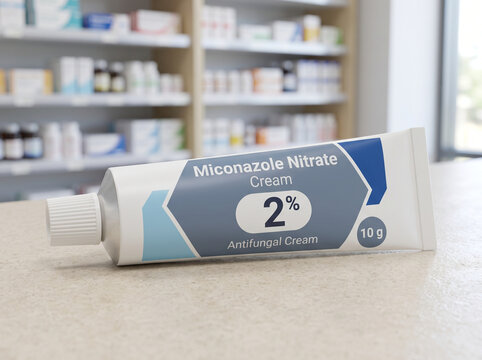 Antifungal miconazole nitrate cream on a pharmacy counter
