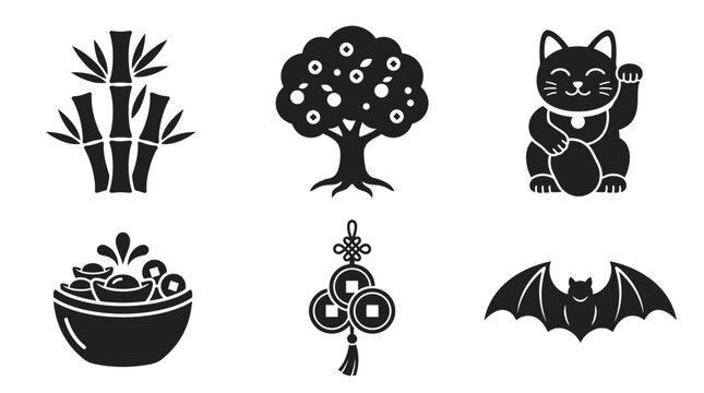 Black oriental symbols featuring maneki-neko, bamboo, and feng shui elements.