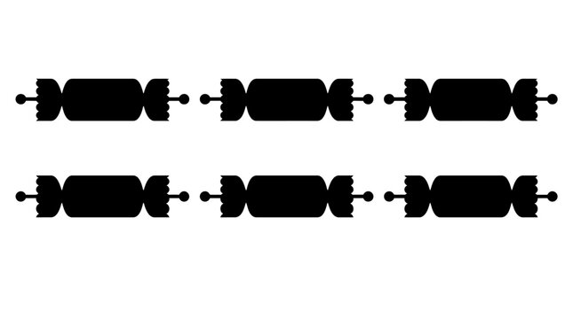 Black silhouette icons of wrapped candies or festive party crackers.