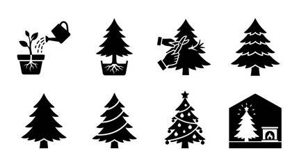 Obraz premium Black silhouettes of christmas tree cultivation and indoor holiday scenes.