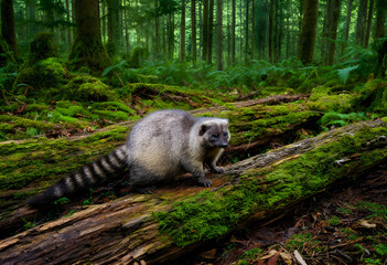 Fototapeta premium Pacific fisher walking on mossy fallen log in a lush green forest, wildlife and nature conservation concept, a pacific fisher walks carefully on a moss-covered fallen log within a dense