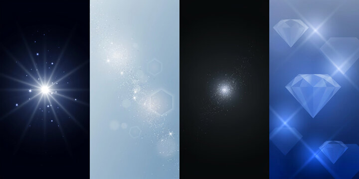 PNG image of A collection of four distinct bright light source beam effects showcasing illumination and color variations on transparent background