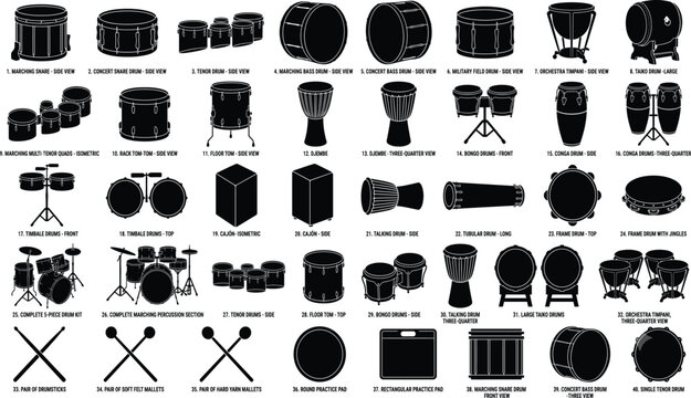 Set of drum kit, percussion instruments, and drumsticks silhouettes for musical design