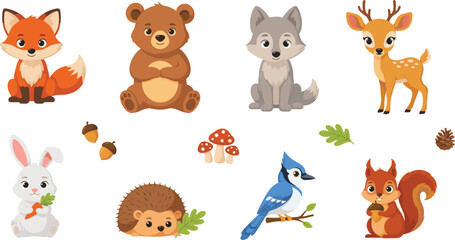 Obraz premium Cute Forest Animals Vector Illustration Set with Fox Bear Wolf Deer Rabbit Hedgehog Blue Jay and Squirrel for Kids Designs