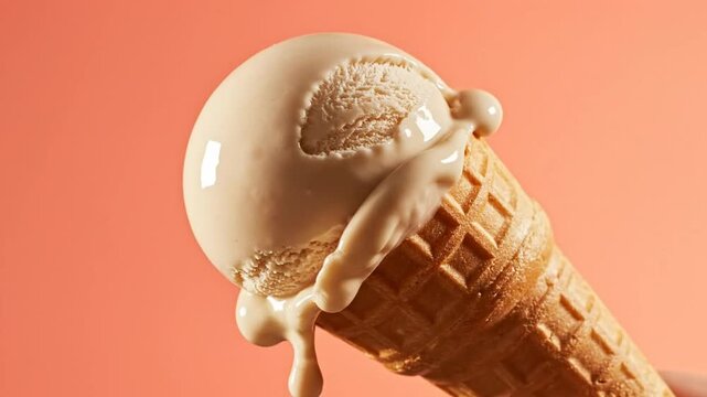 Melting scoop of sweet brown ice cream on a crunchy waffle cone against a peachy pink background