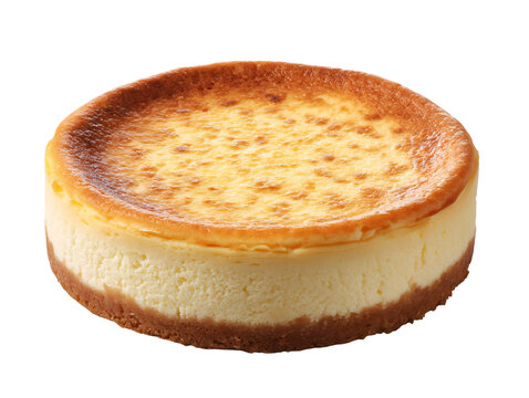 Whole New York style cheesecake with a creamy baked filling, golden caramelized top and crisp biscuit crust, isolated on a white background.