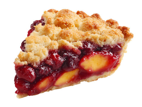Slice of peach and berry cobbler with juicy fruit filling and buttery golden crumble topping, isolated on a white background.