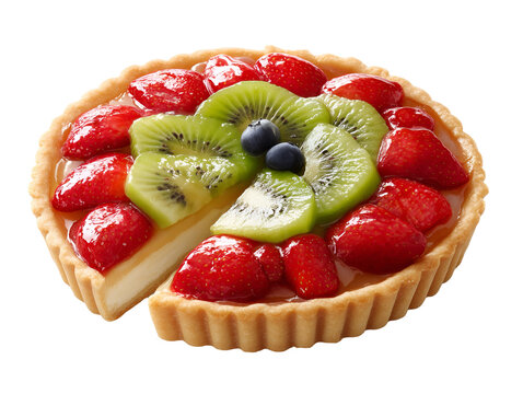Fresh fruit tart topped with strawberries, kiwi and blueberries over creamy custard in a crisp pastry shell, isolated on a white background.