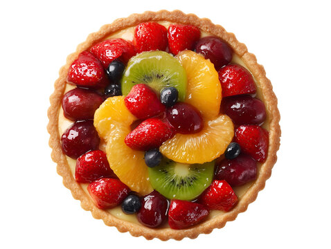 Fresh fruit tart topped with strawberries, kiwi, mandarin oranges and grapes over creamy custard in a crisp pastry shell, isolated on white.